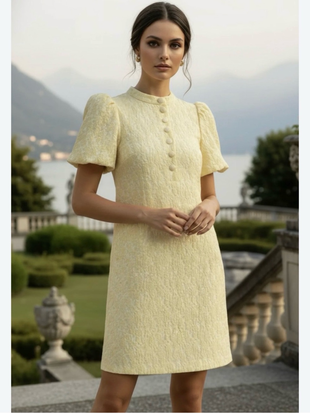 Short Puff-Sleeve soft buttery yellow Sofie dress.